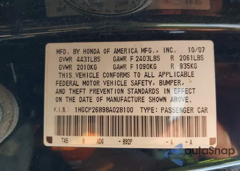 2008 Honda Accord 2.4 Ex-L z USA, uszkodzony, nr VIN 1HGCP26898A028100